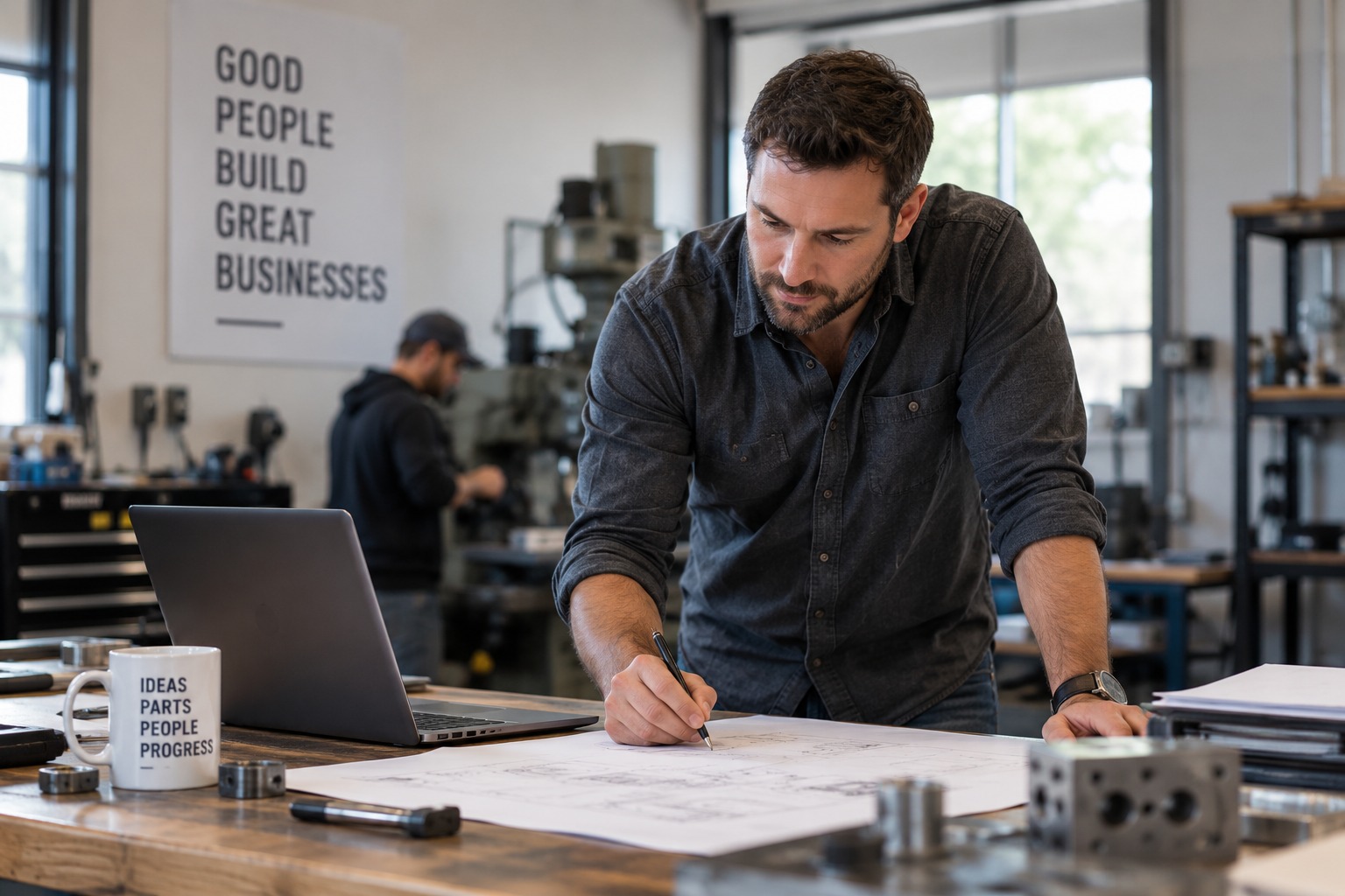 Business owner reviewing plans in a workshop with an employee working in the background. Business owner reviewing plans in a workshop with an employee working in the background.