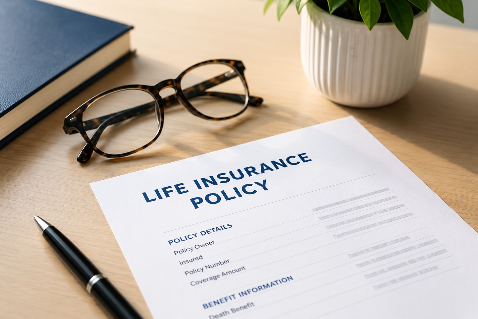 Life insurance policy on a desk being reviewed for available options.