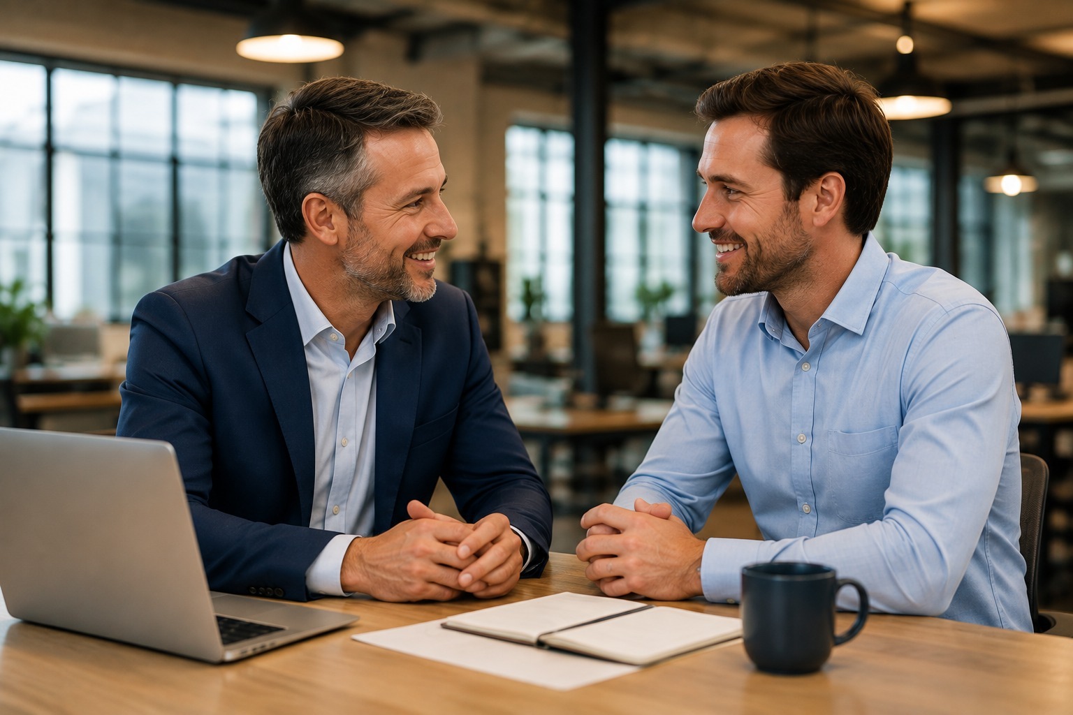 Business owners discussing planning and life insurance coverage